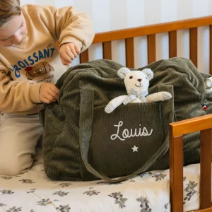 Sac à langer velours kaki – personnalisé prénom